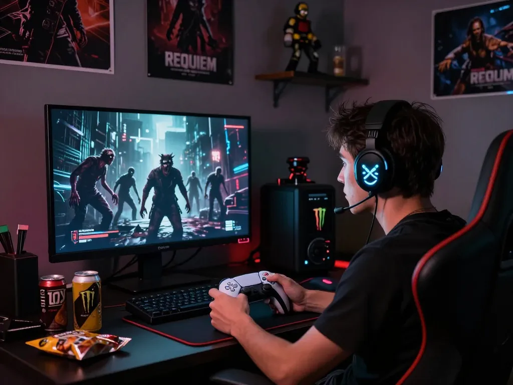 Player experiencing intense gameplay in Resident Evil Requiem with dramatic shadows and immersive elements in a vibrant gaming setup.
