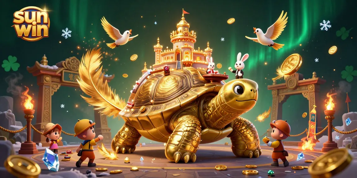 Experience sun win with a vibrant, packed casino scene showcasing a majestic tortoise and a rabbit dealer.