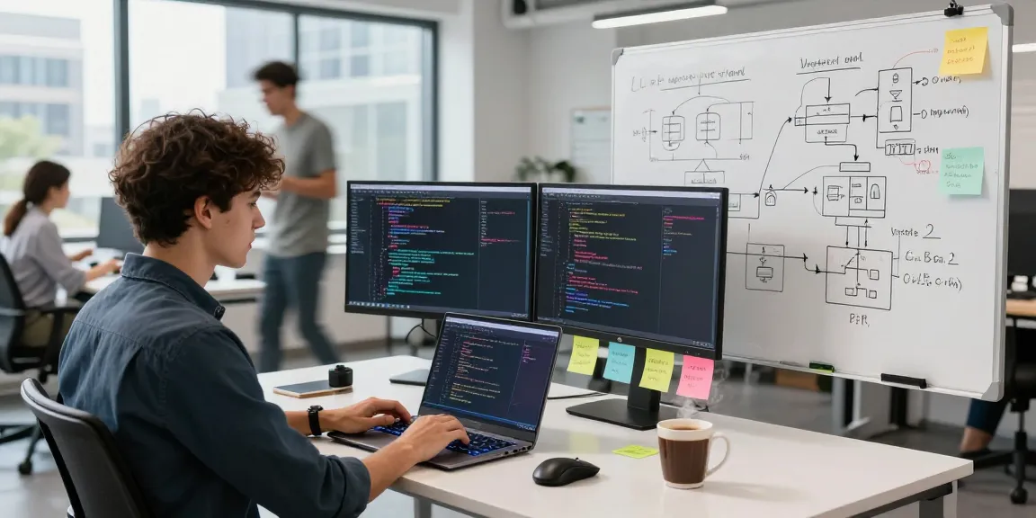 Developer coding on laptop in a modern office, showcasing 纸飞机官网 productivity.
