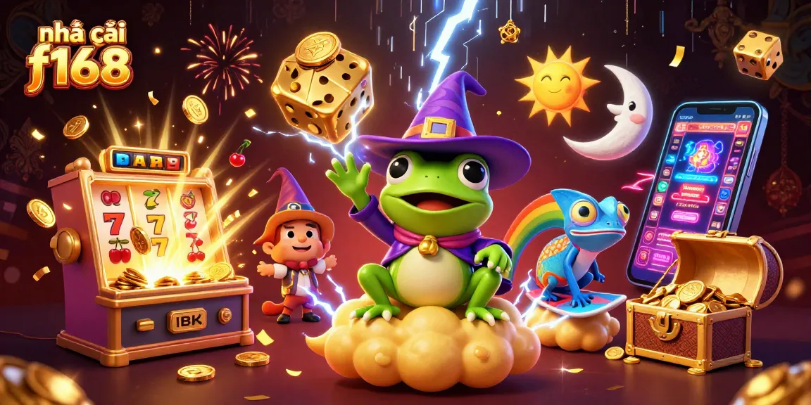 nhà cái f168 entertains players with an energetic scene featuring a wizard frog, chameleon, and vibrant casino elements