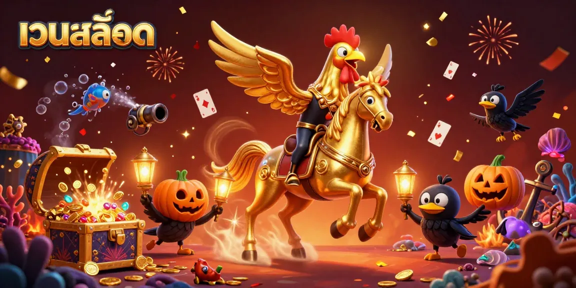 Engage with เว็บสล็อต in a vibrant 3D casino scene featuring a golden rooster and fiery celebrations.