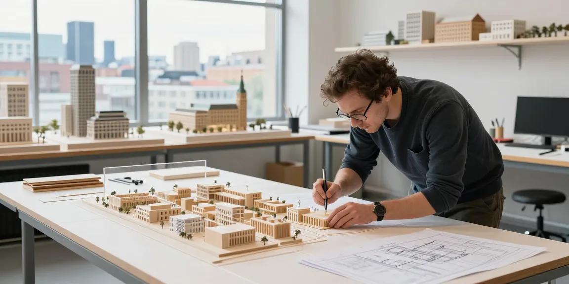 Architectural model maker Sweden working on an urban planning model with tools in a bright studio