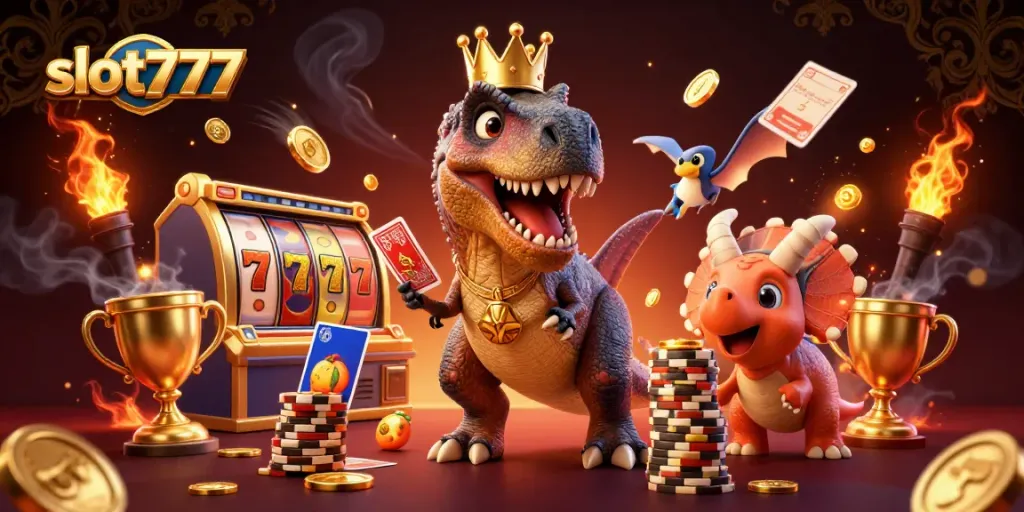 permainan slot777 yang menarik dengan T-Rex berpakaian kostum, pterodactyl, dan triceratops stacking chip emas