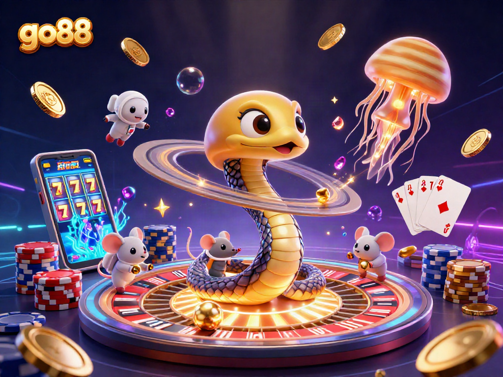 Experience go88 with astronaut mice betting on a cosmic roulette wheel in a vibrant casino illustration.