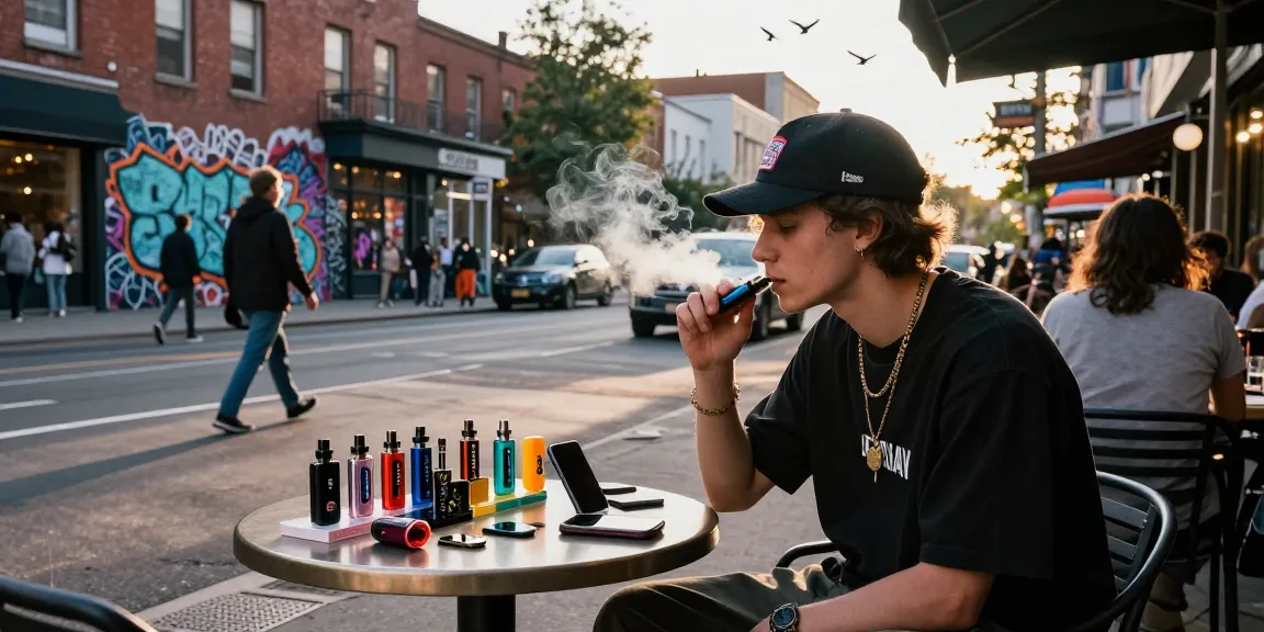 Stylish individual enjoying rokok88 alternatif in trendy urban setting