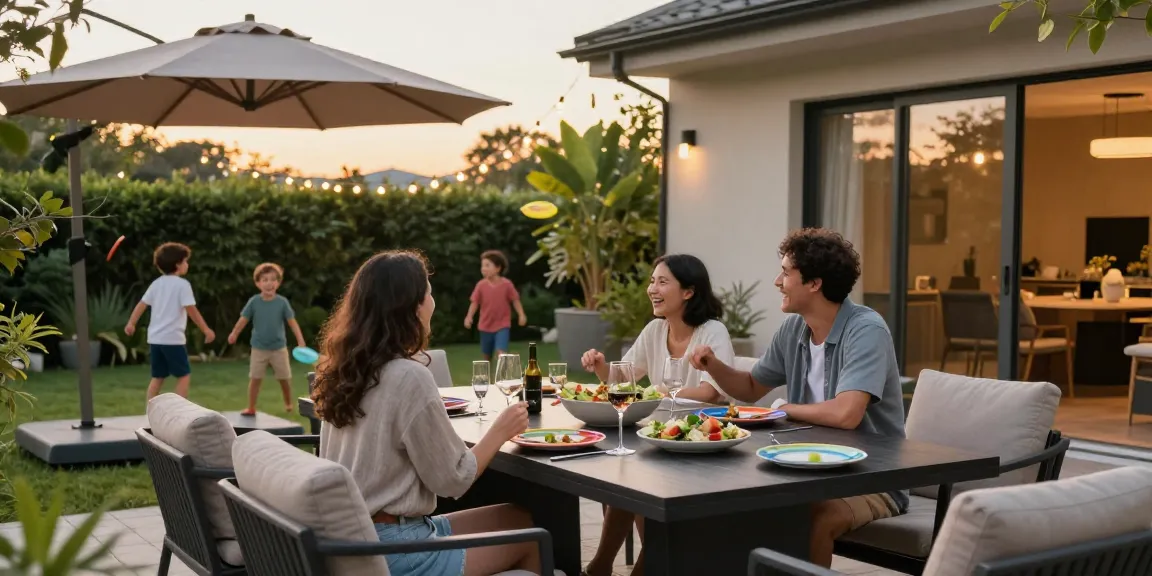 Gathering around modern patio dining sets during sunset with family.