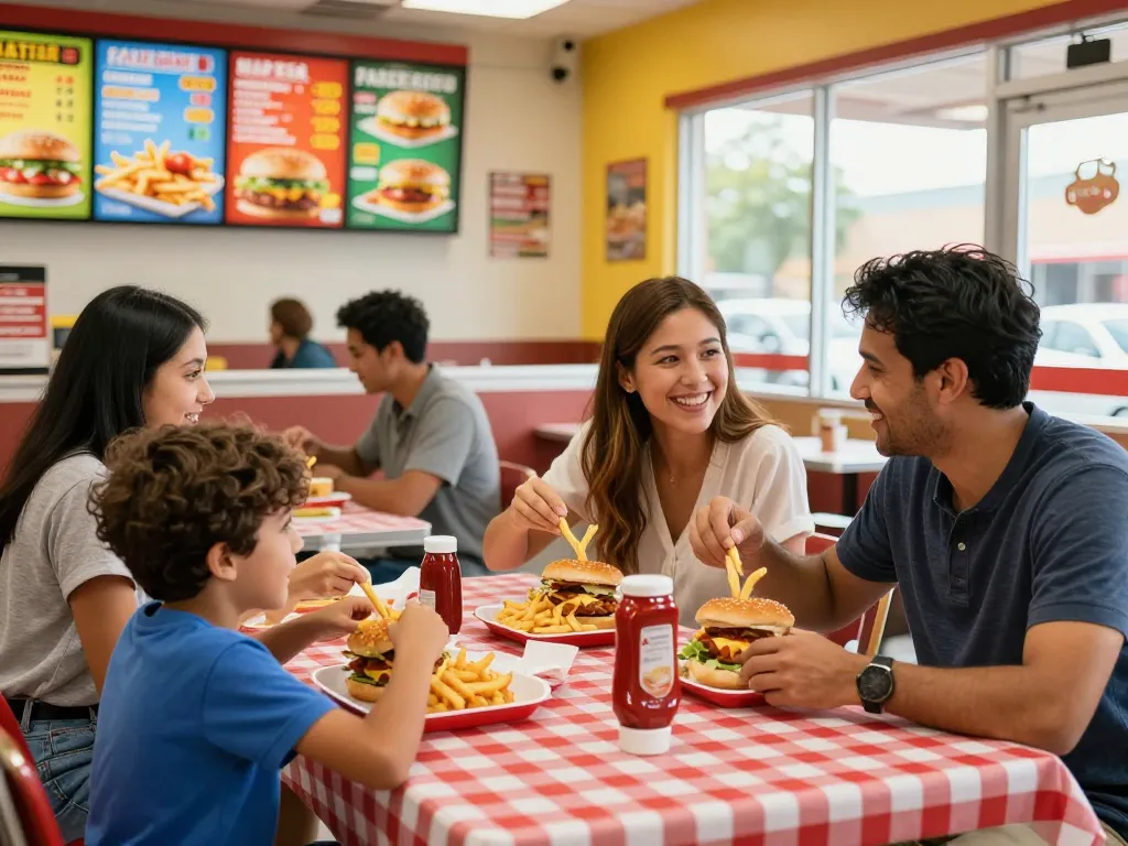 Family enjoying fast food prices at a vibrant restaurant with colorful menu board.