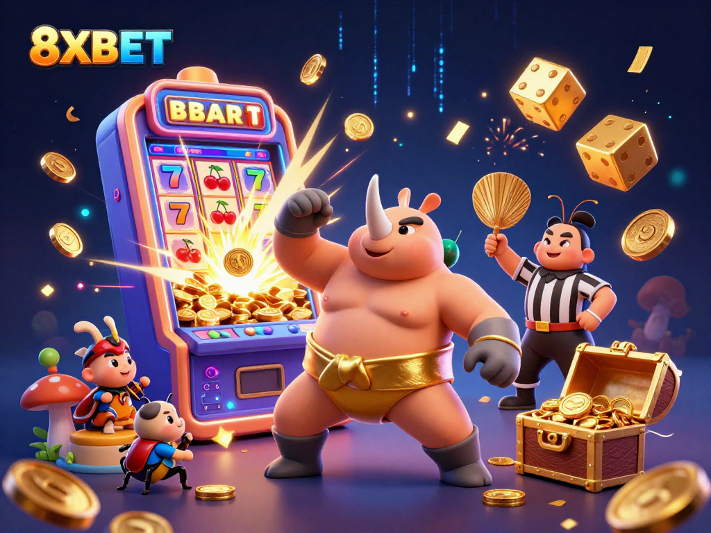Experience thrilling slots at 8XBET with dynamic illustrations of engaging casino elements.