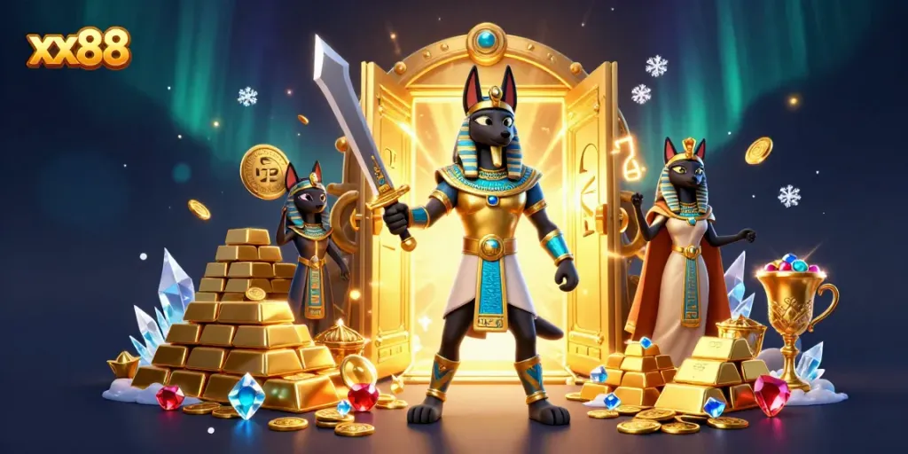 Experience thrilling adventures in xx88 with a dynamic 3D casino scene featuring Anubis and Bastet.