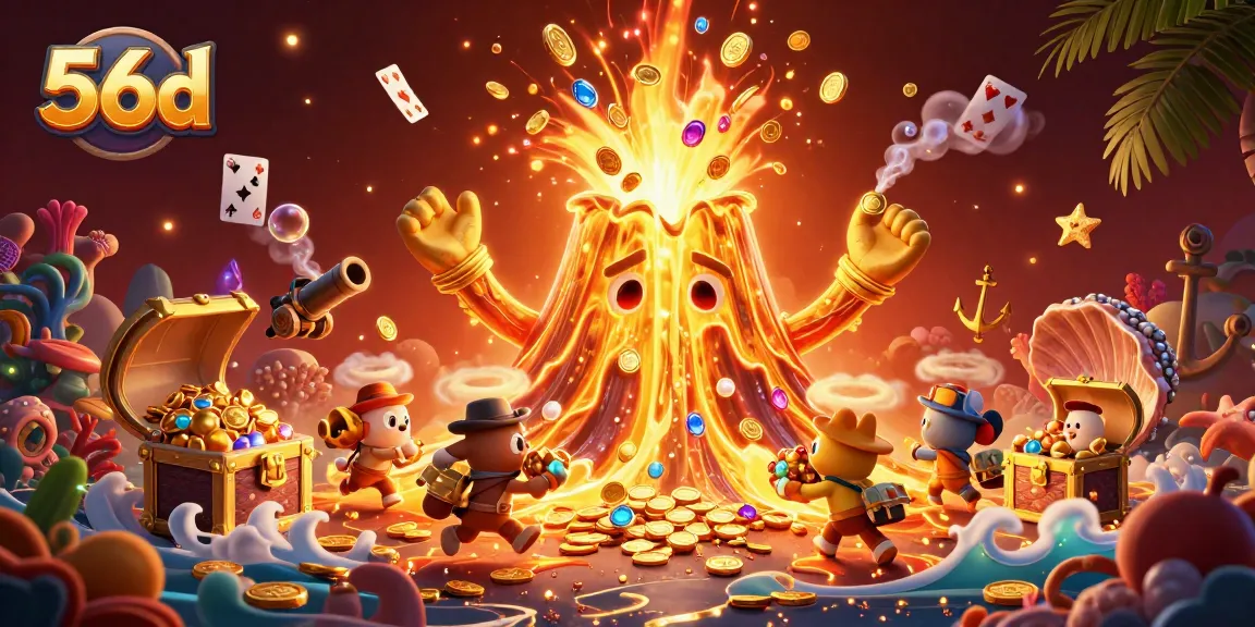 Experience the excitement of 56d with a golden volcano erupting treasures in a lively casino scene.