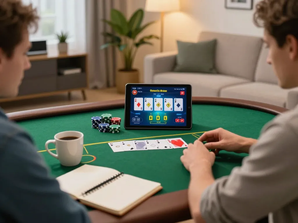 LUCK8 player enjoying an online poker game on tablet in a cozy living room setting