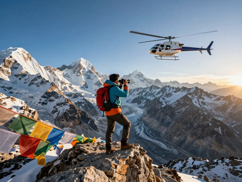 Epic Everest Base Camp Heli Trek scene with traveler capturing stunning mountain view while helicopter prepares for return.