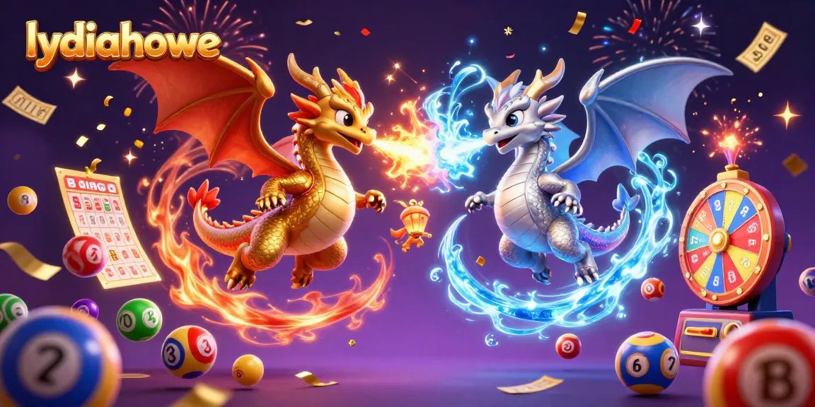 Lydia Howe showcases twin dragons amidst vibrant lottery elements in a spectacular gaming scene.
