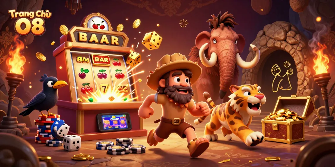 Experience the excitement of Trang Chủ O8 with engaging casino action featuring a 3D caveman, sabertooth tiger, and vivid game elements.