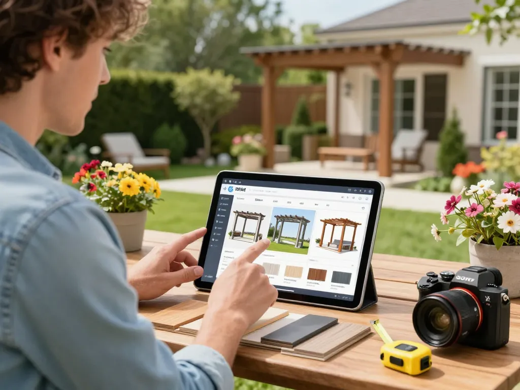 Homeowner using the All-in-One pergola Configurator on a tablet in a vibrant garden.