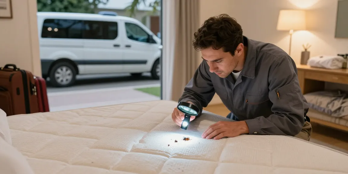 Technician performing bed bug removal inspection in bedroom to ensure effective pest control.