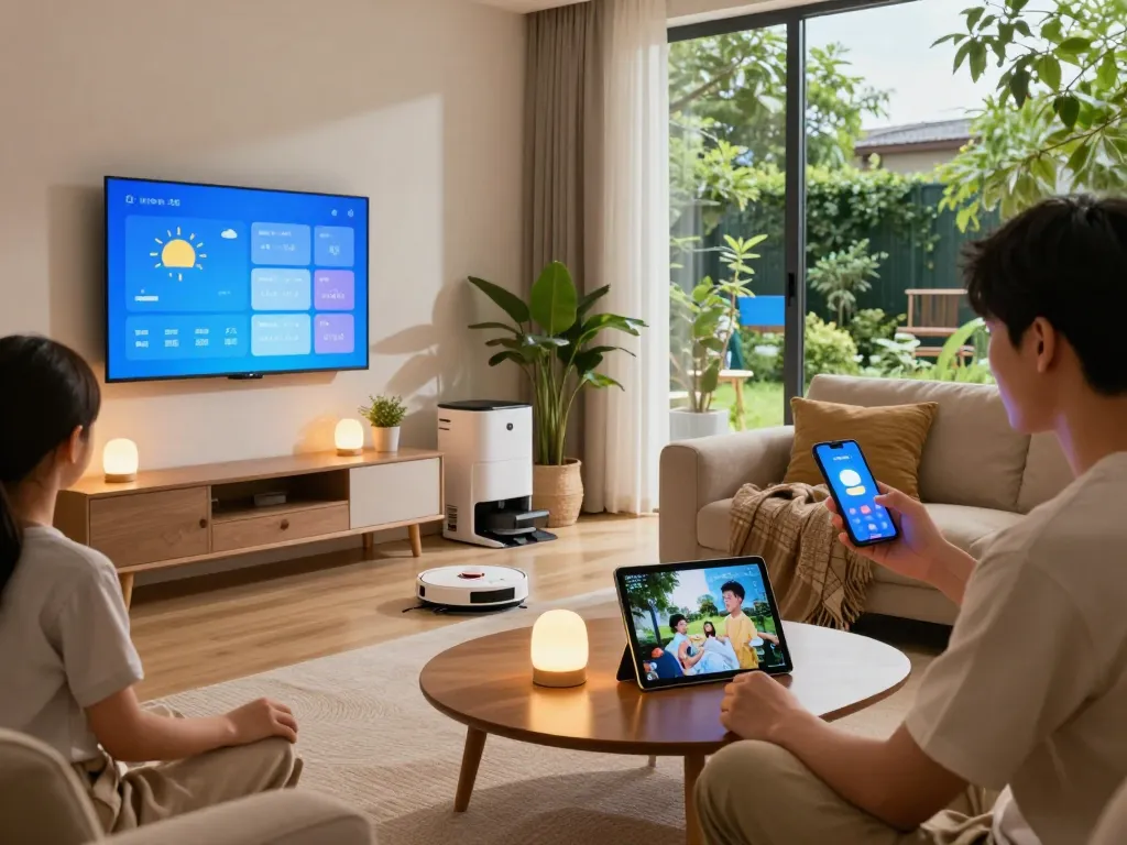 Engaging family experience with tech gadgets for home in a cozy living room setting