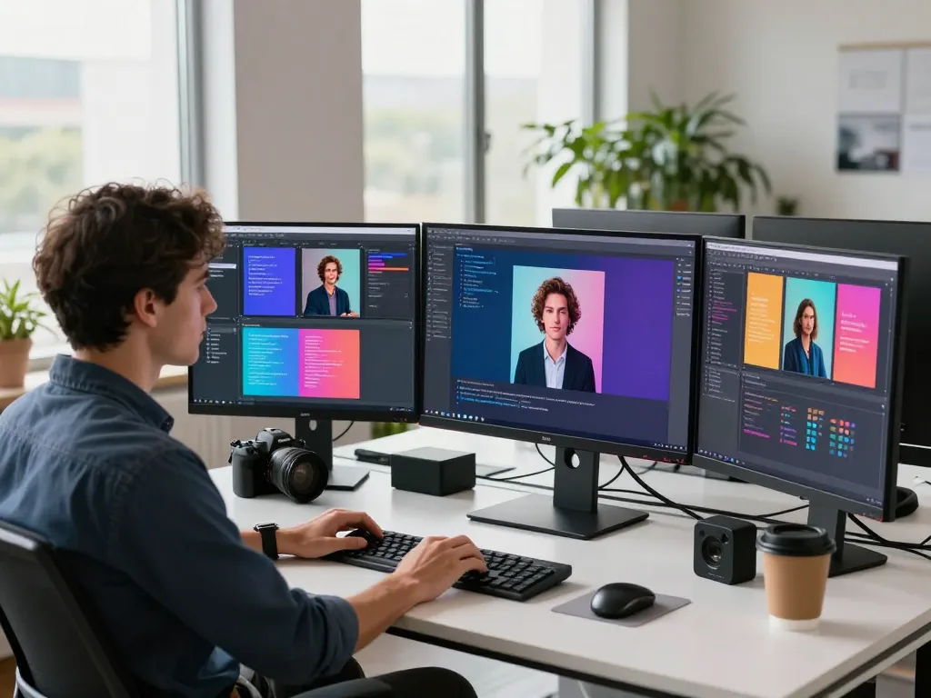 Professional using an image to prompt generator tool in a modern workspace with multiple screens displaying generated prompts.