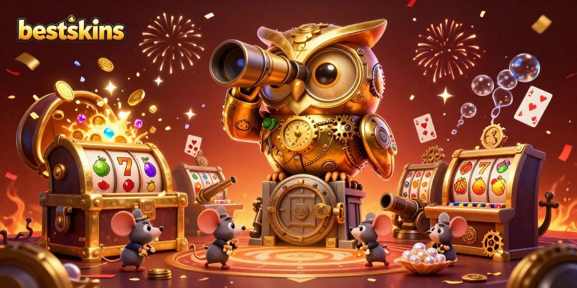 Bestskins captures the excitement of casino gaming with a vibrant 3D owl and slot machines.