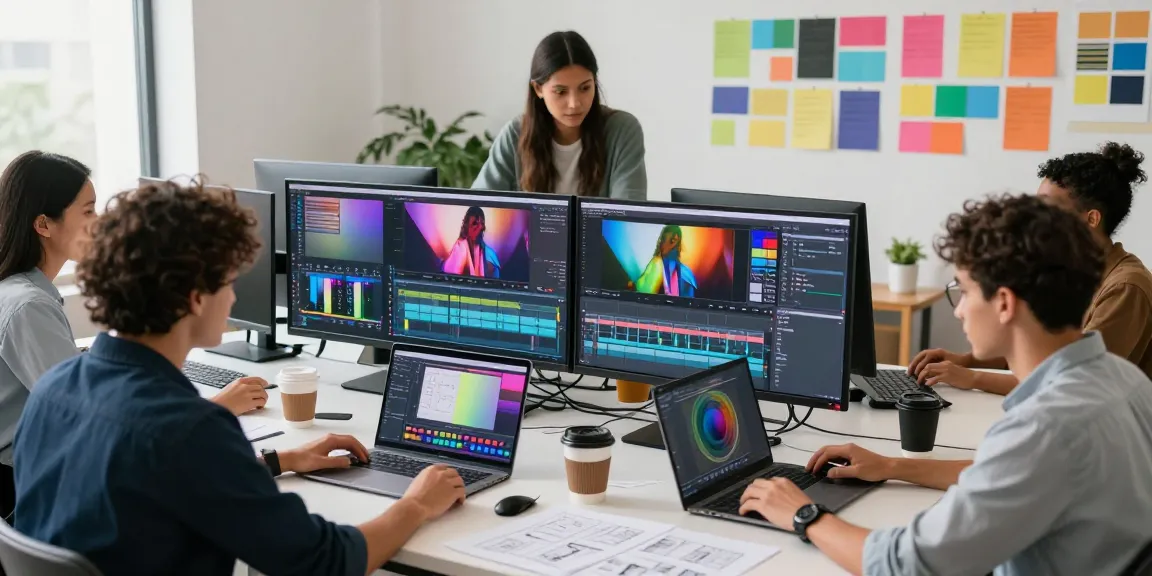 Learn color correction and cinematic grading through collaborative teamwork in a vibrant video editing studio.