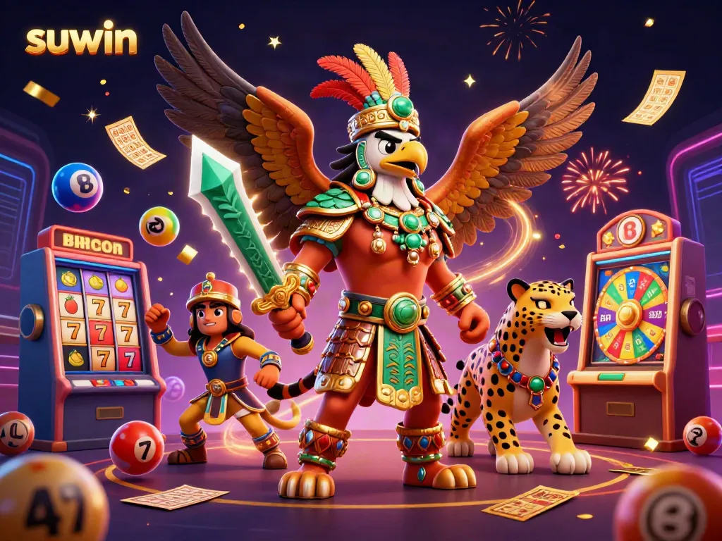 Experience the thrill of suwin with a dynamic 3D scene featuring vibrant gambling elements.