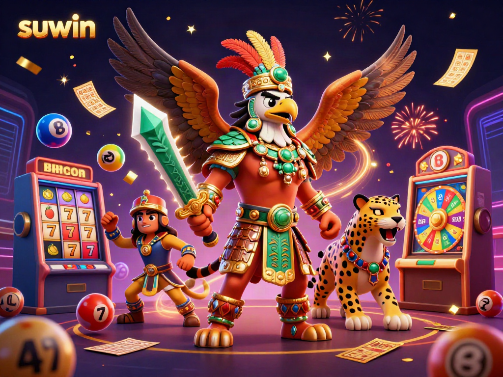 Experience the thrill of suwin with a dynamic 3D scene featuring vibrant gambling elements.