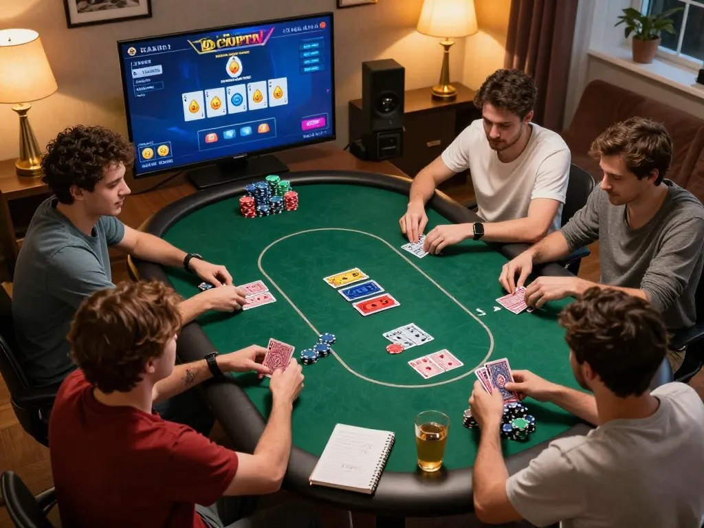 Players enjoying an exciting online poker game at home with xo88 interface visible.