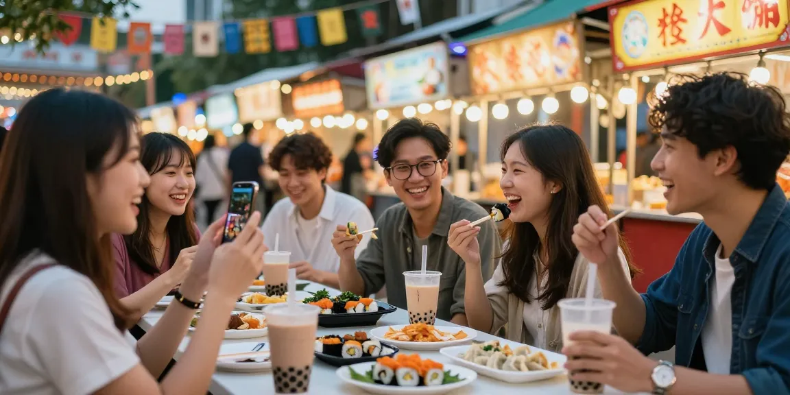 Explore cultural delights on https://hanadultalk.com with friends enjoying Asian street food at a vibrant market.