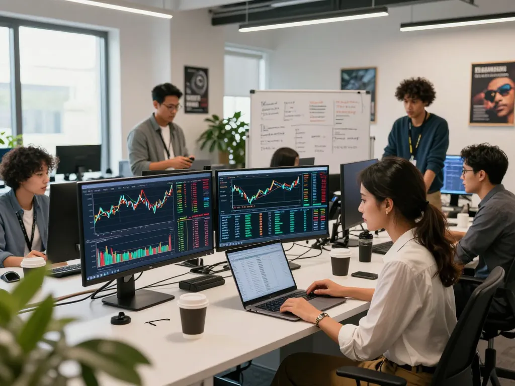 Professionals engaged in automated crypto income analysis in a modern office environment.