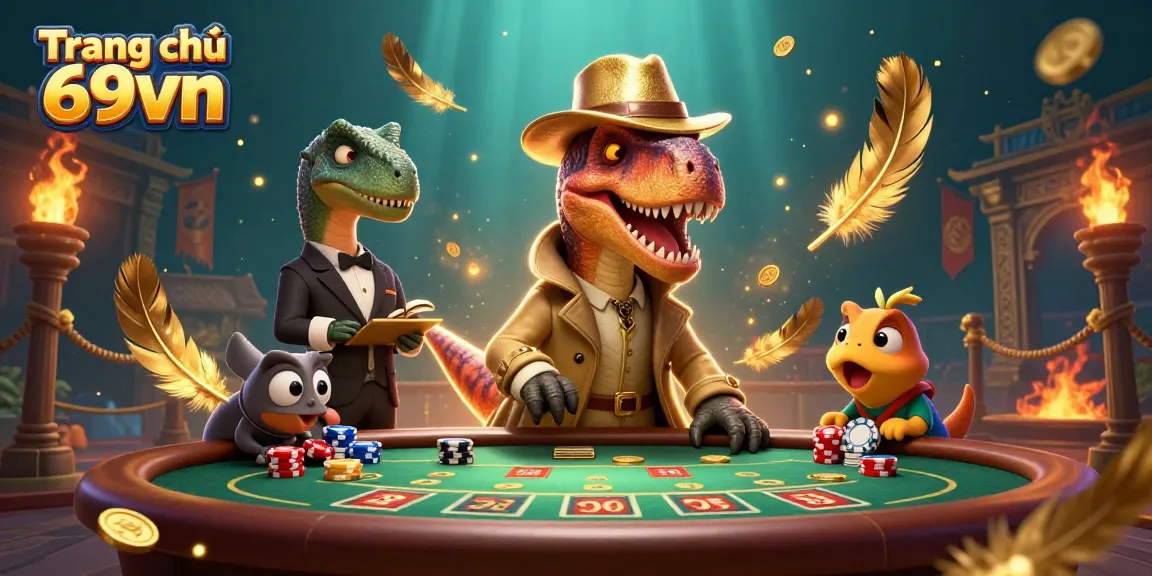 Experience excitement at Trang chủ 69vn with a cartoon velociraptor at an immersive blackjack table.