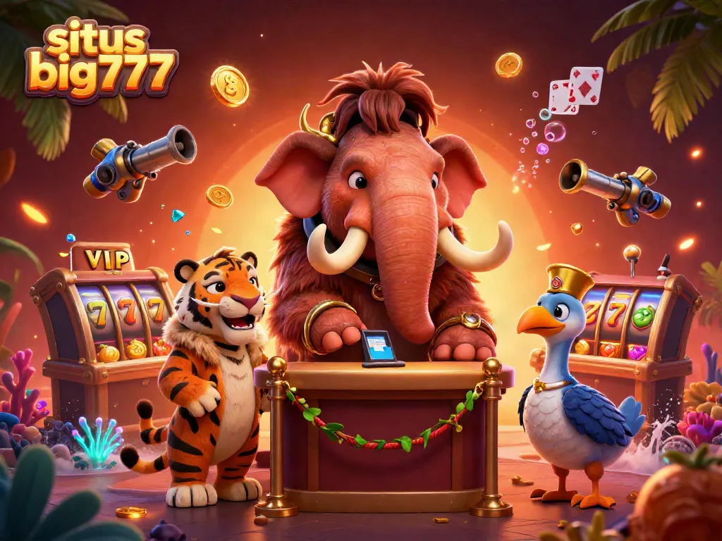 Experience the vibrant energy at situs big777 with a lively casino scene featuring a woolly mammoth bouncer, saber-tooth tiger VIP, and dodo bird doorman.