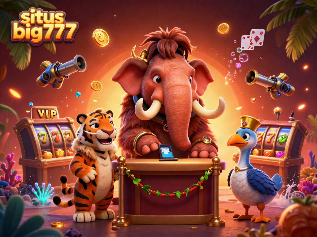 Experience the vibrant energy at situs big777 with a lively casino scene featuring a woolly mammoth bouncer, saber-tooth tiger VIP, and dodo bird doorman.