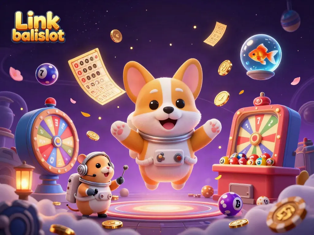 Experience thrilling adventures with Link balislot in an imaginative casino space scene filled with vibrant game elements.