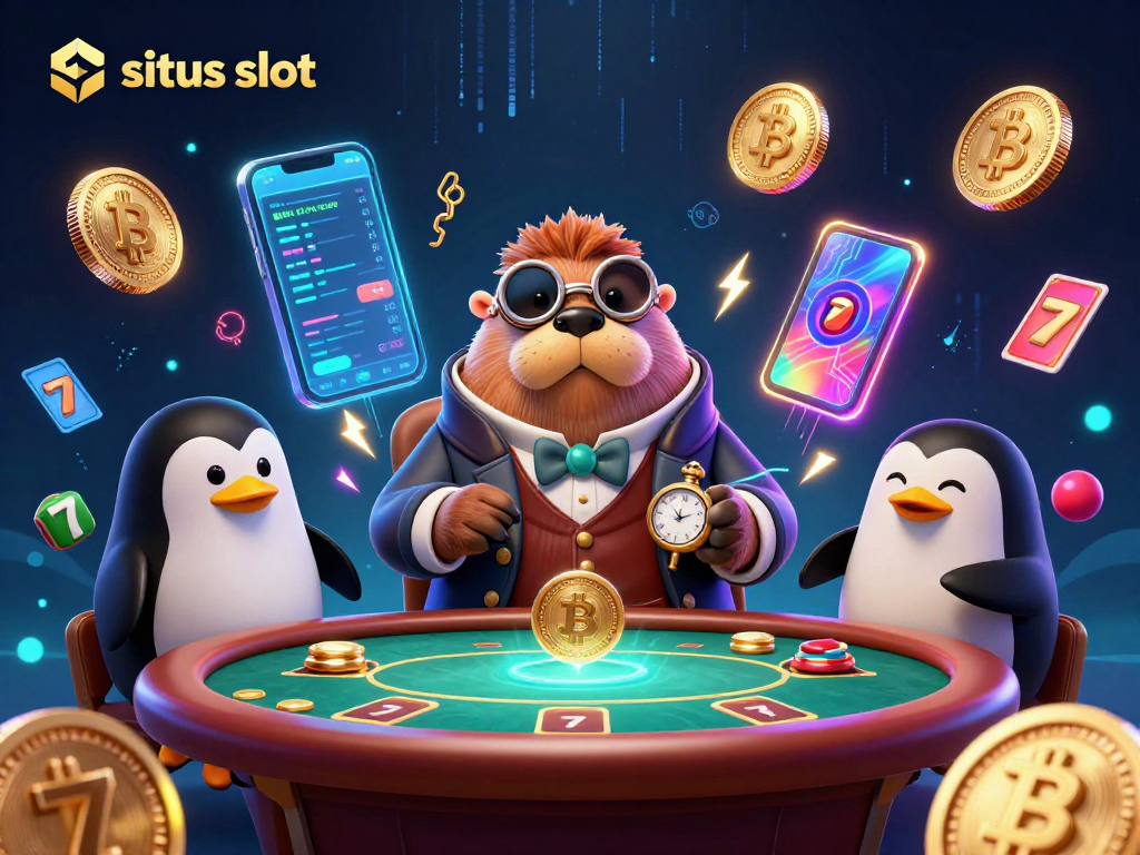 Engage in a thrilling situs slot game with jolly walrus and team at an underwater poker table.