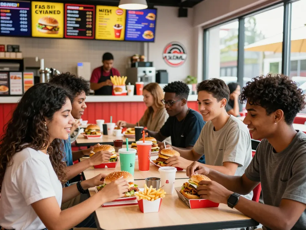 Friends sharing meals at a fast food restaurant, highlighting fast food prices and vibrant dining atmosphere.