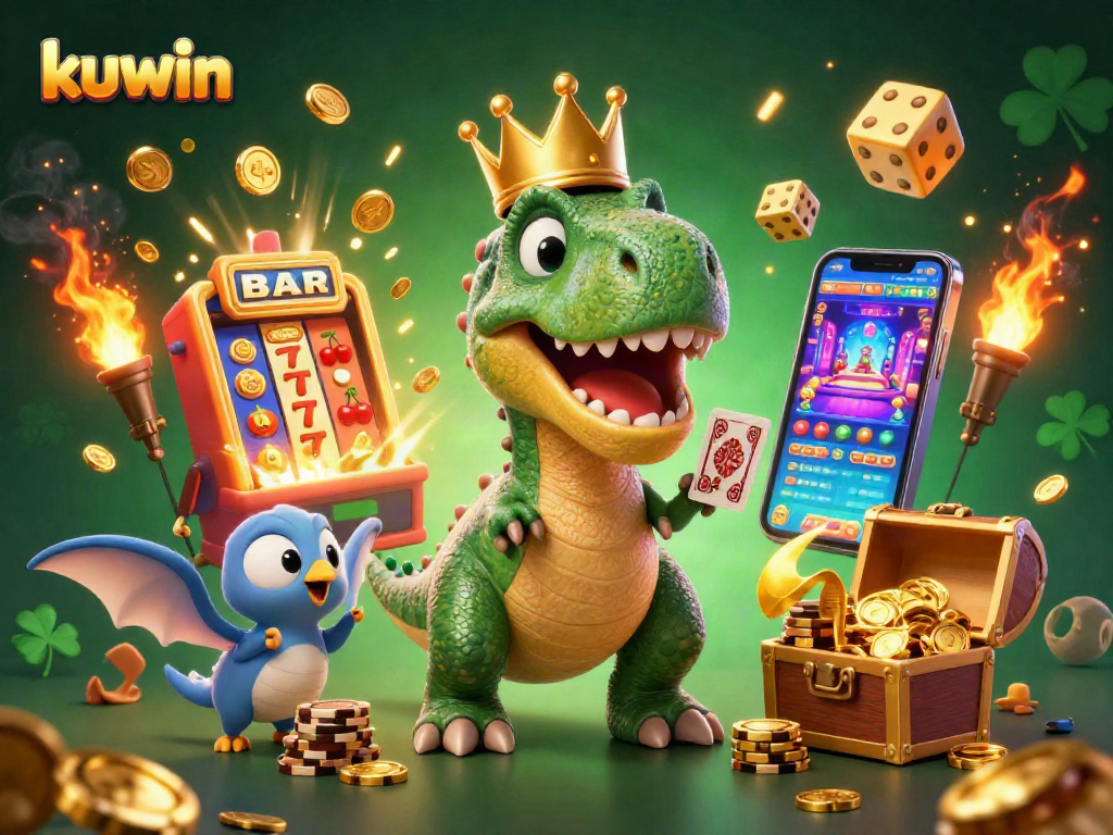Kuwin's cartoon T-Rex deals cards as a pterodactyl assists amidst a jackpot explosion, radiating casino excitement.