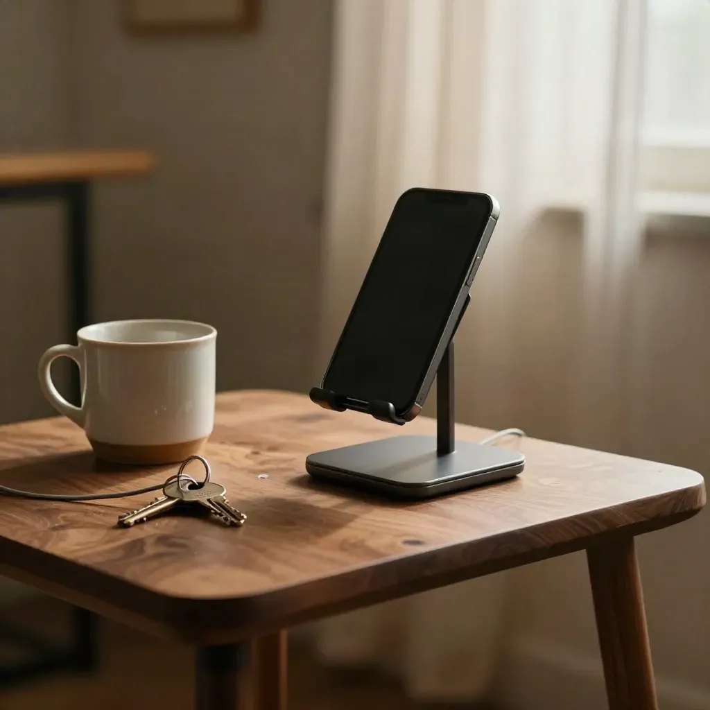 Tablet charger and tap-to-give pedestal on a rehearsal-room side table with a cup and key