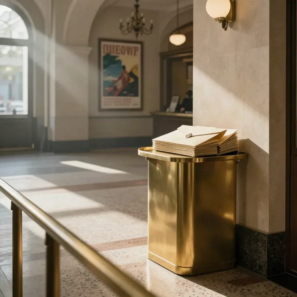 Brass donation pedestal and face-down pledge envelopes in a warm theater lobby at opening.