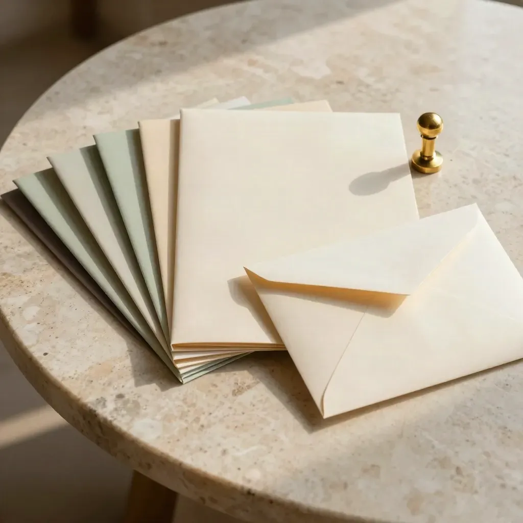 Overhead still-life of grant folders, brass seal press and envelopes on travertine stone.