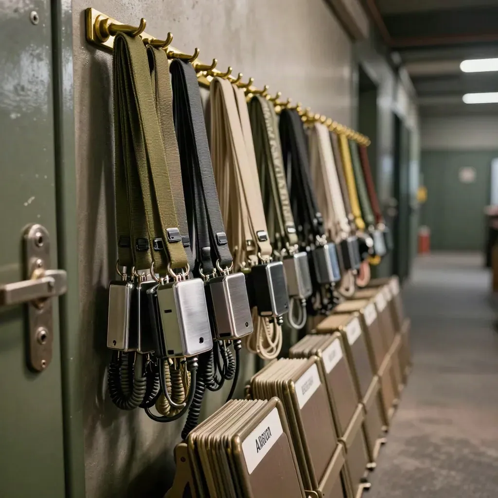 Backstage lanyards, radio chargers and wristbands staged in a theater loading area.