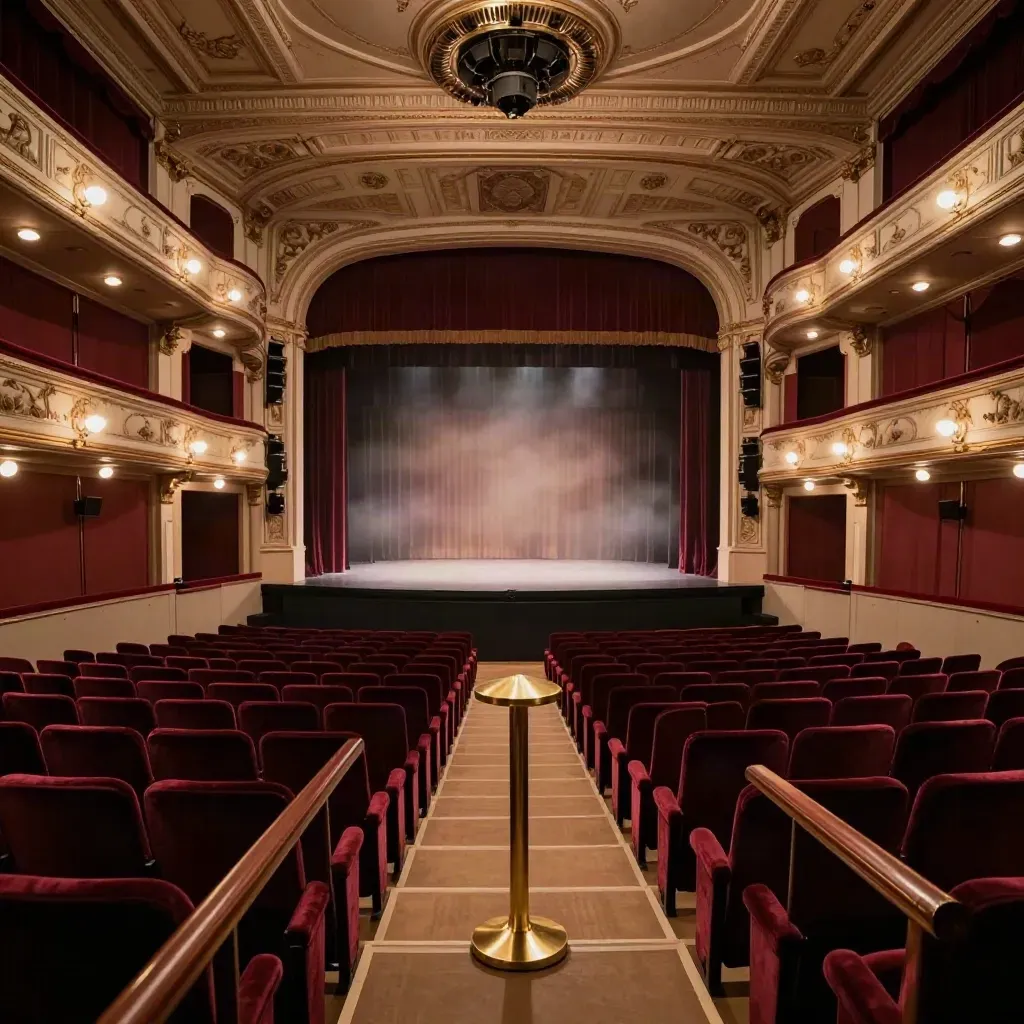 Empty theater with brass donation pedestal, fresh lights, and a warm stage glow.