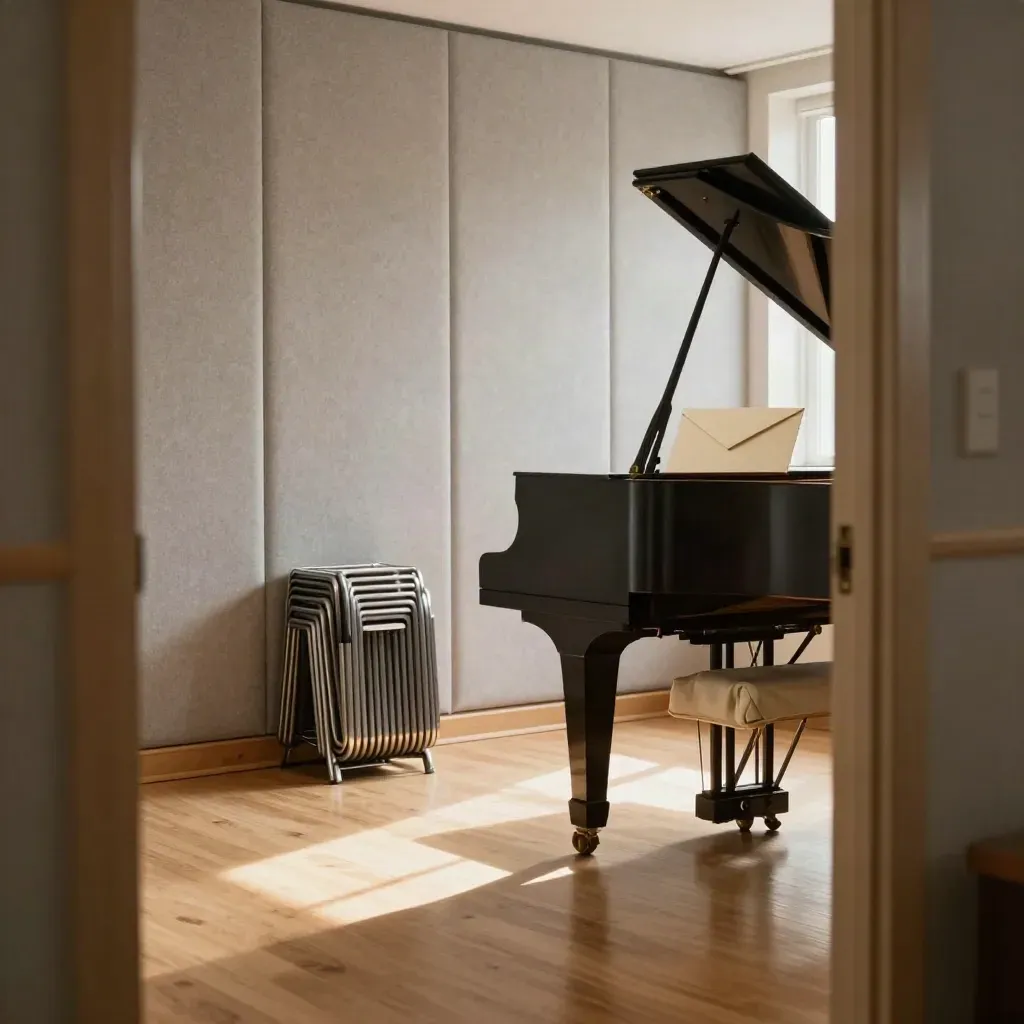 Renovated choir room with acoustic panels, stacked music stands and a sealed grant envelope on the piano.
