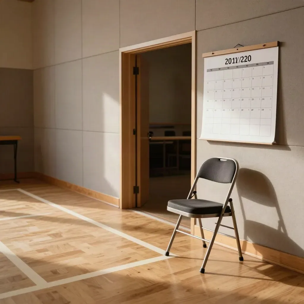 Empty rehearsal hall with fresh floor tape, parked chairs, and a turned calendar