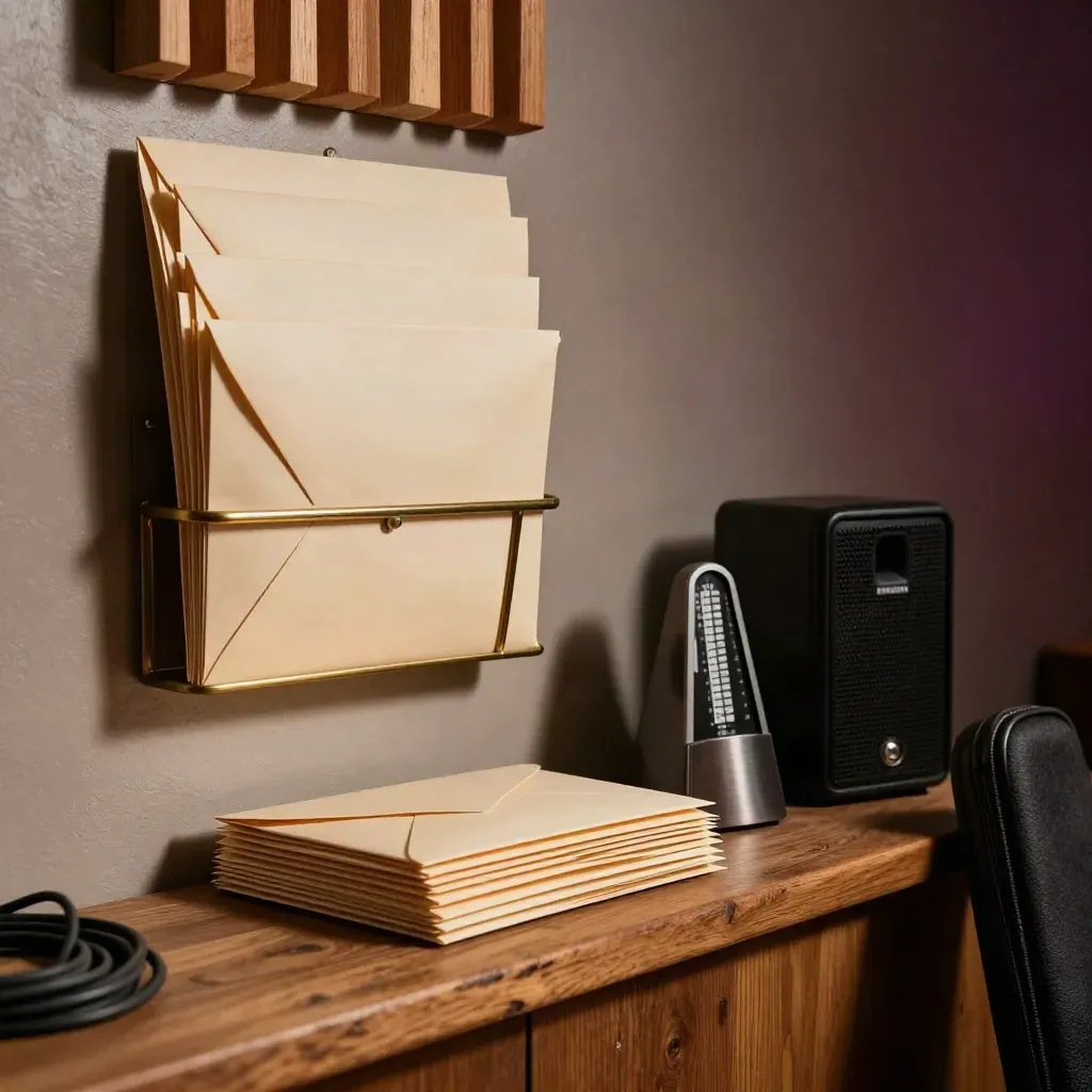 Sealed donation envelopes beside a metronome and small speaker in a rehearsal corner.