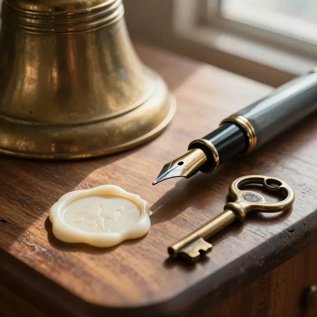 Macro of brass bell, pen nib, wax seal puck and theater keys on worn walnut in window light