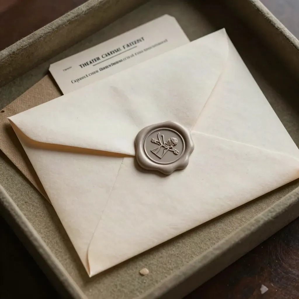 Wax-sealed arts advocacy packet with stamp, folder corners, and theater permit tag in close macro