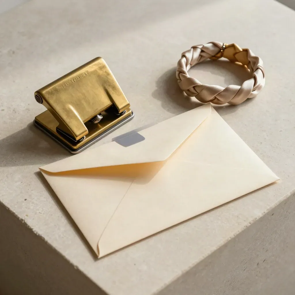 Overhead flatlay of a brass ticket punch, donor envelope, grant tab, and wristband on pale stone.