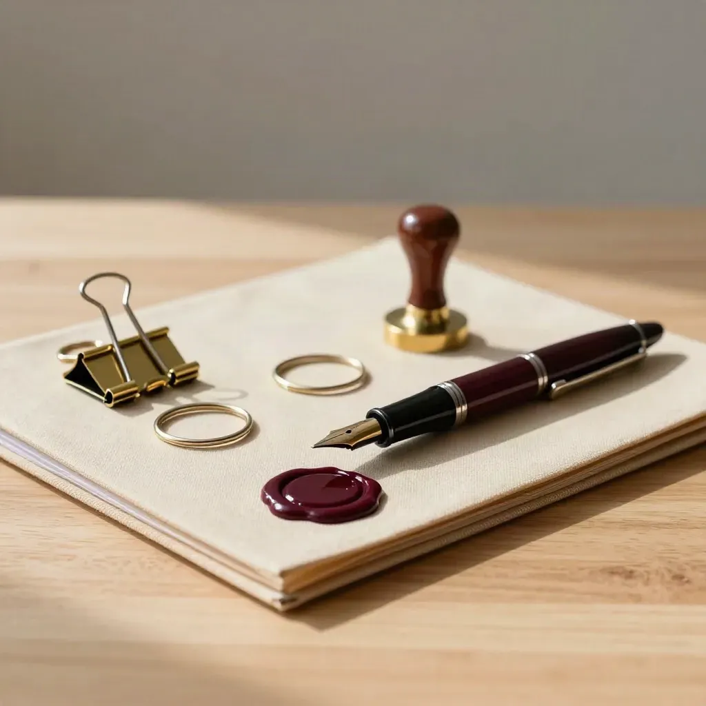 Brass clips, fountain pen, binder rings, wax seal and fabric folder on pale oak.