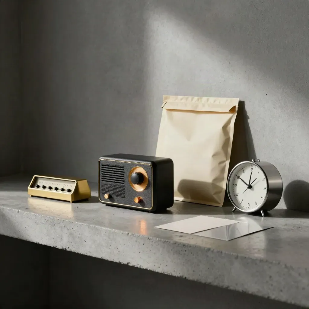 Brass tally counter, radio, sealed mailer, and turned clock on a concrete shelf