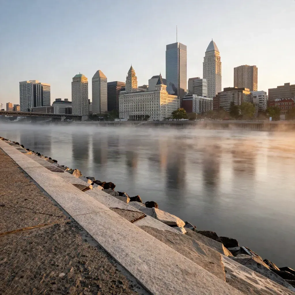 Philadelphia skyline over the Schuylkill in dawn fog, City Hall glowing above calm water